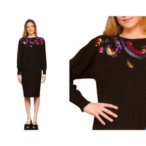 Darian Vintage 80s Black Knit Sequin Embellished Sweater Dress Sz M Avante Garde